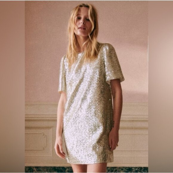 NWT Sezane Gabin Dress Silver Sequins Shift Womens 40 US 8 - Picture 1 of 14